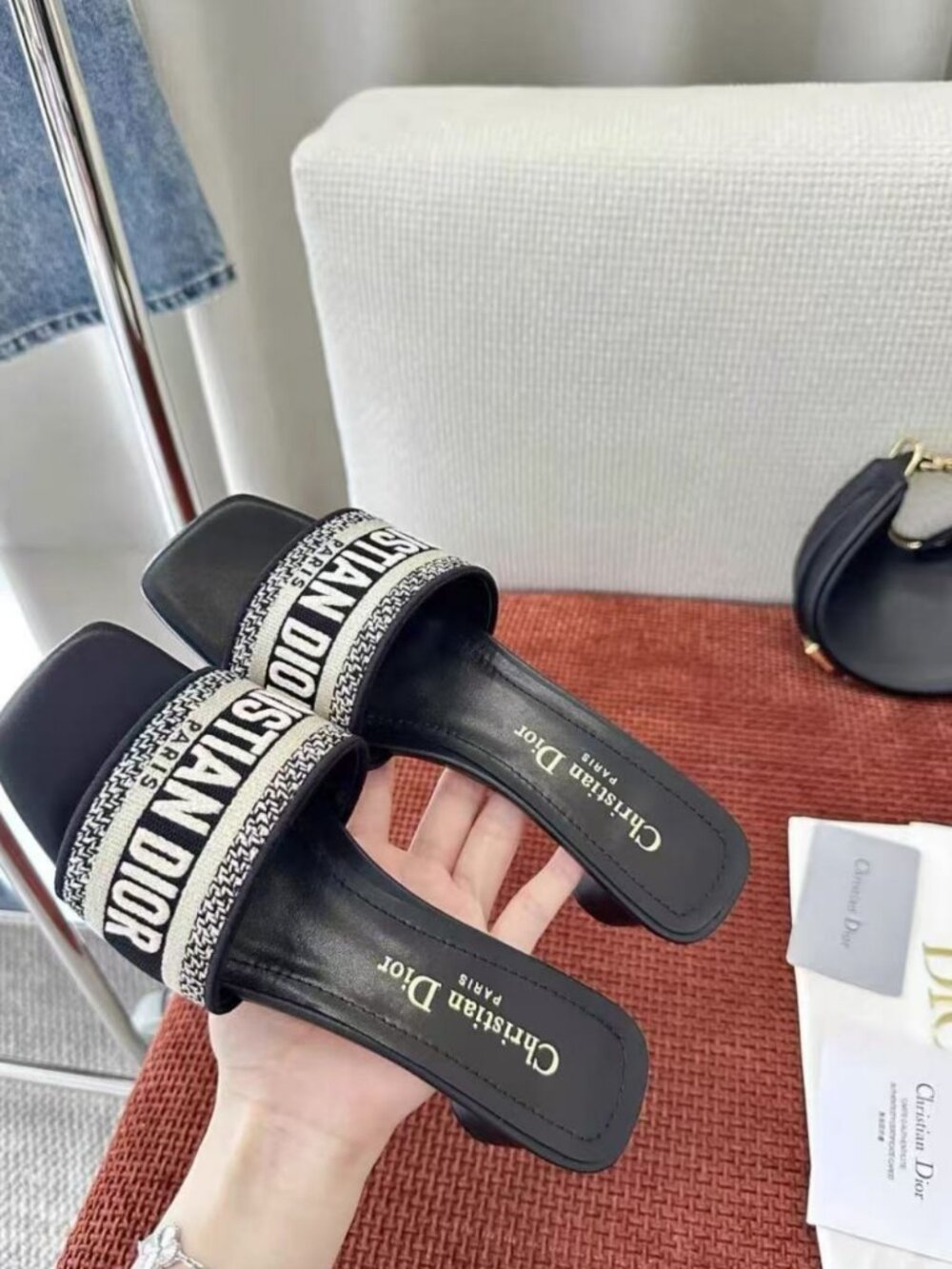Dior Black Canvas Embroidered Strap Block‑Heel Mules - Gem